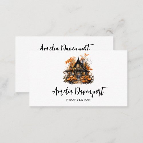 Halloween Haunted House with Pumpkins  Foliage Business Card