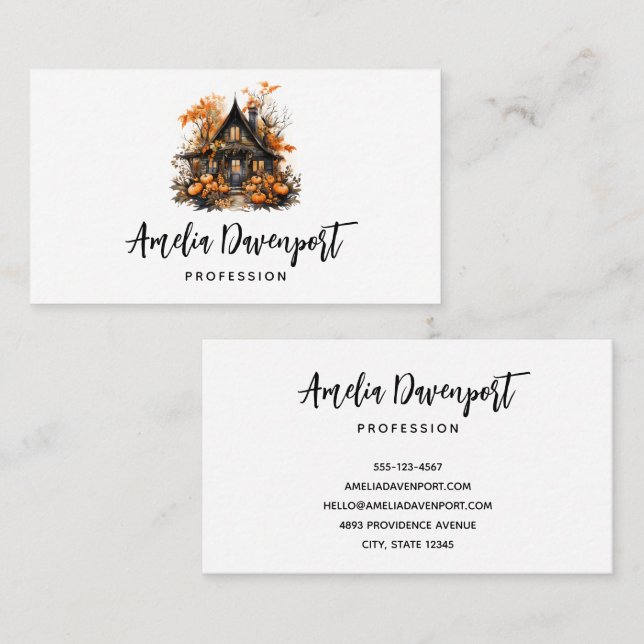 Halloween Haunted House with Pumpkins & Foliage Business Card (Front/Back)