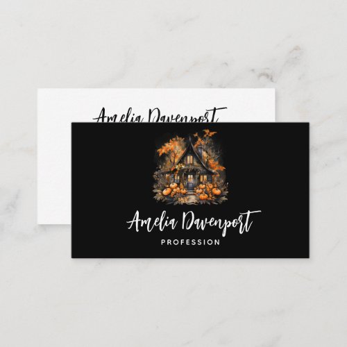 Halloween Haunted House with Pumpkins  Foliage Business Card