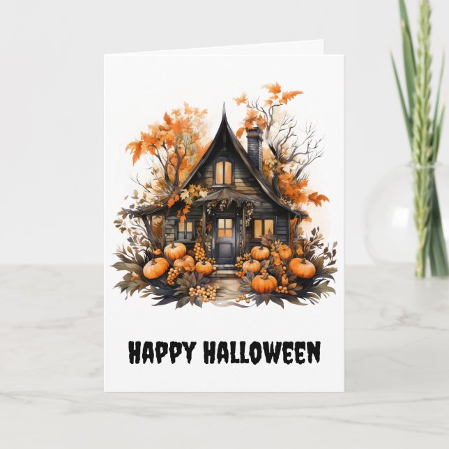 Halloween Haunted House with Pumpkins & Foliage Card (Front)