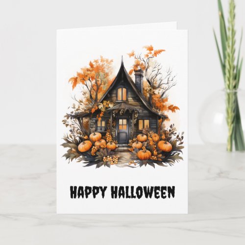 Halloween Haunted House with Pumpkins  Foliage Card
