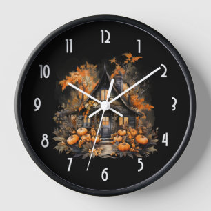 Halloween Haunted House with Pumpkins & Foliage Clock