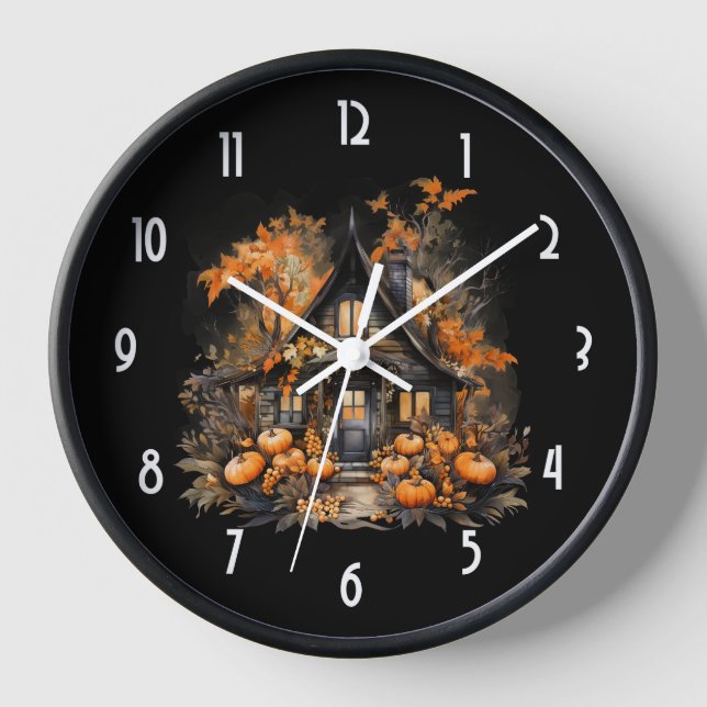 Halloween Haunted House with Pumpkins & Foliage Clock (Front)