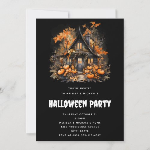 Halloween Haunted House with Pumpkins  Foliage Invitation