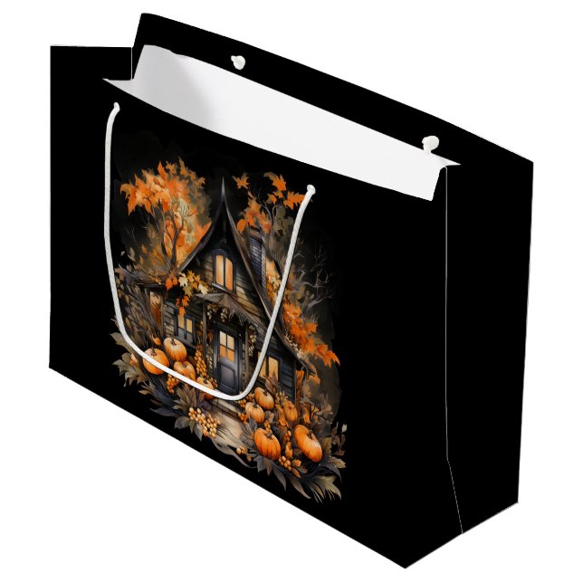 Halloween Haunted House with Pumpkins & Foliage Large Gift Bag (Front Angled)
