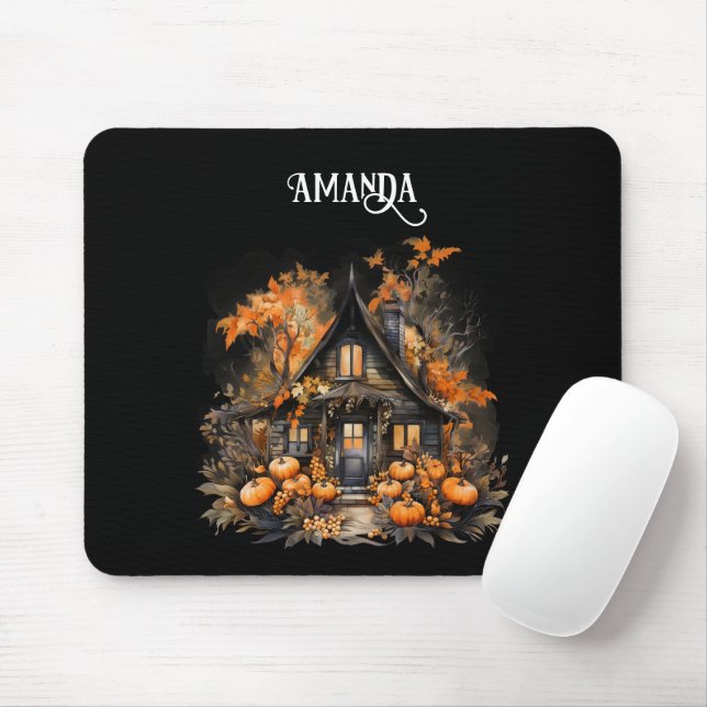Halloween Haunted House with Pumpkins & Foliage Mouse Pad (With Mouse)