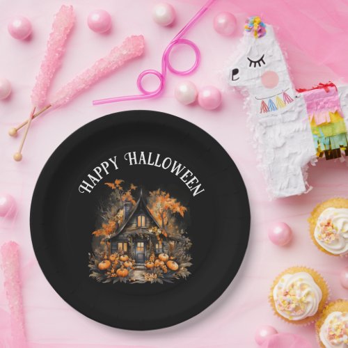 Halloween Haunted House with Pumpkins  Foliage Paper Plates