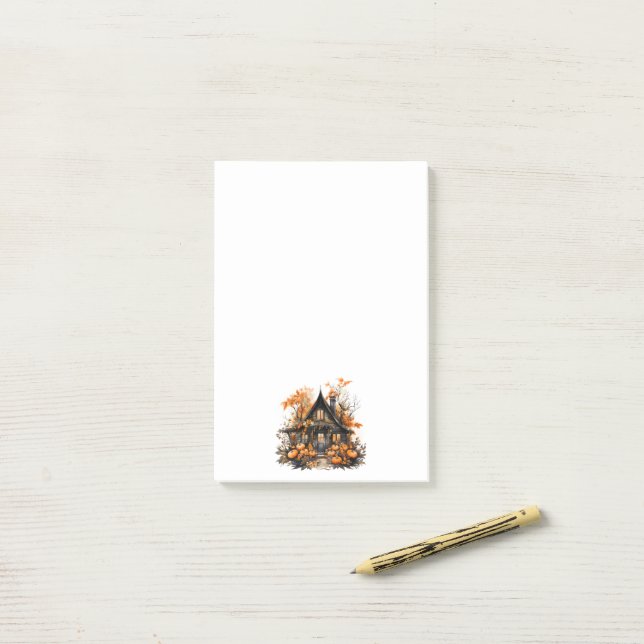 Halloween Haunted House with Pumpkins & Foliage Post-it Notes (On Desk)