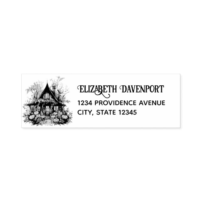 Halloween Haunted House with Pumpkins & Foliage Self-inking Stamp (Design)