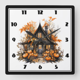 Halloween Haunted House with Pumpkins & Foliage Square Wall Clock