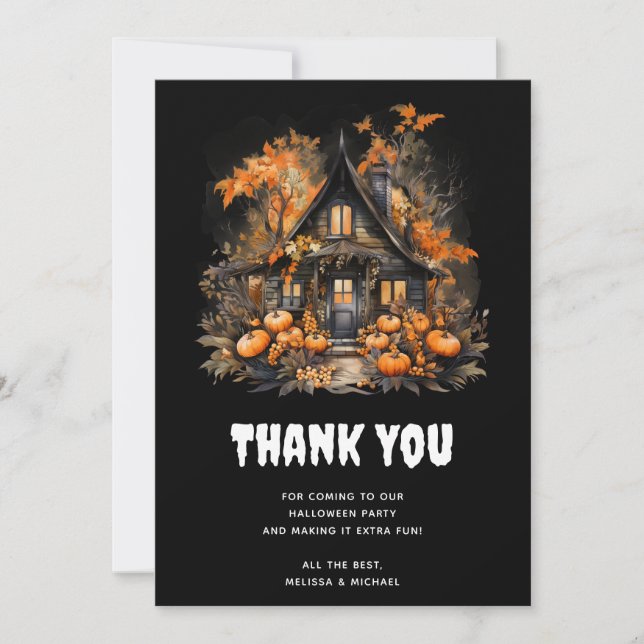 Halloween Haunted House with Pumpkins & Foliage Thank You Card (Front)