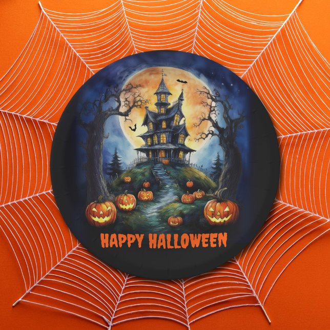 Halloween Haunted House with Pumpkins Party Paper Plates (Creator Uploaded)