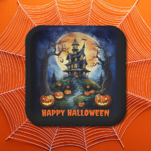Halloween Haunted House with Pumpkins Party Paper Plates