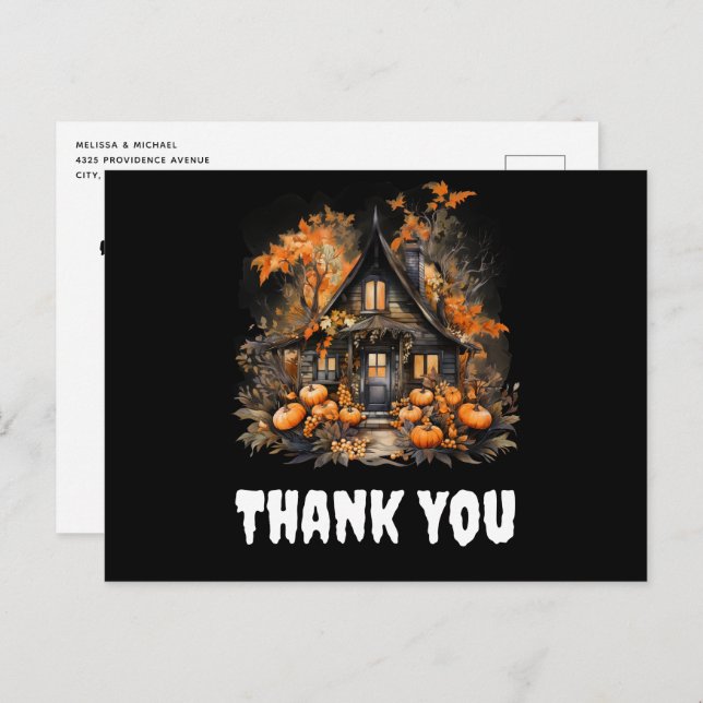 Halloween Haunted House with Pumpkins Thank You Postcard (Front/Back)