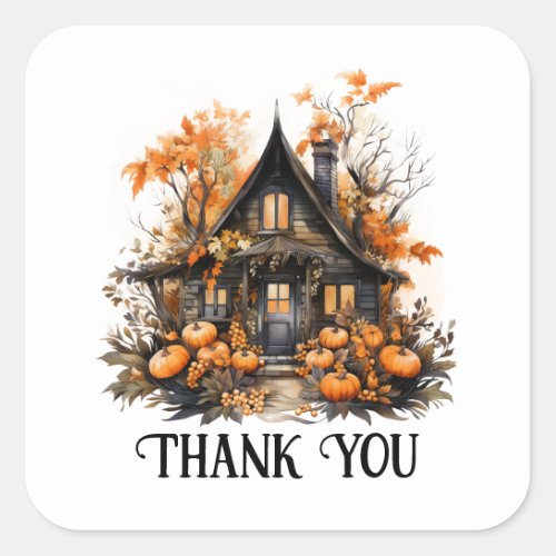 Halloween Haunted House with Pumpkins Thank You Square Sticker