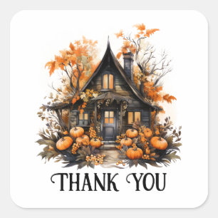 Halloween Haunted House with Pumpkins Thank You Square Sticker