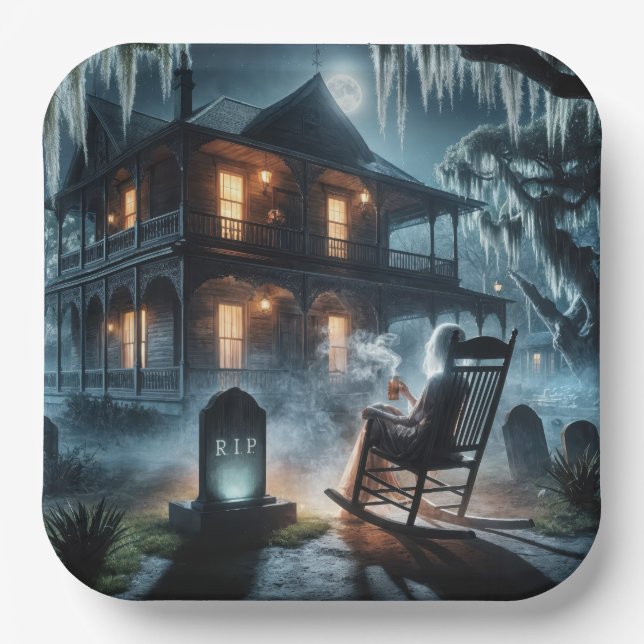 Halloween Haunted House With Tombstone Paper Plates (Front)