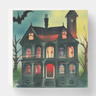 Halloween Haunted House Wood Art Wooden Box Sign