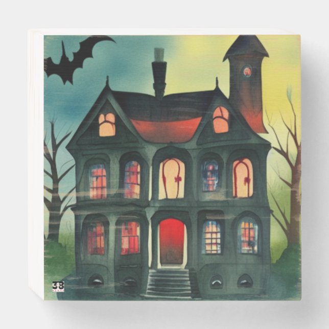 Halloween Haunted House Wood Art Wooden Box Sign (Front Horizontal)