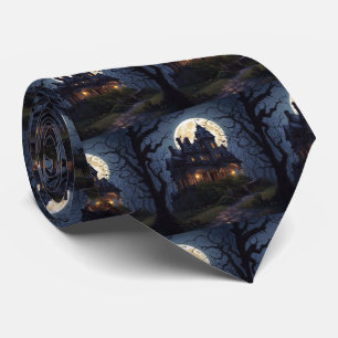 Halloween Haunted Mansion With Moon Neck Tie