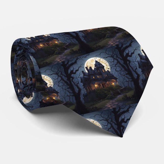Halloween Haunted Mansion With Moon Neck Tie (Rolled)