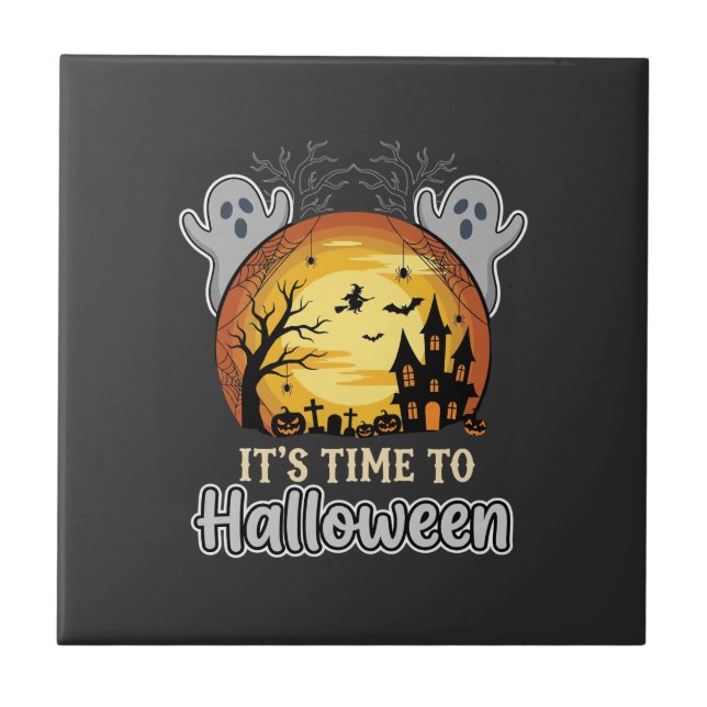 Halloween Haunted Moon Ghosts and Graveyard Vector Ceramic Tile (Front)