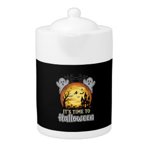 Halloween Haunted Moon Ghosts and Graveyard Vector Teapot