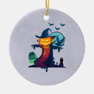 Halloween Haunted Scarecrow With Bats And A Crow Ceramic Ornament