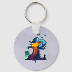 Halloween Haunted Scarecrow With Bats And A Crow Keychain
