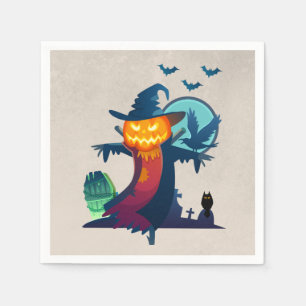 Halloween Haunted Scarecrow With Bats And A Crow Paper Napkins