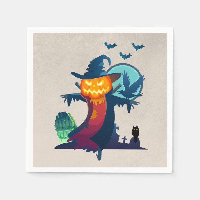 Halloween Haunted Scarecrow With Bats And A Crow Paper Napkins (Front)