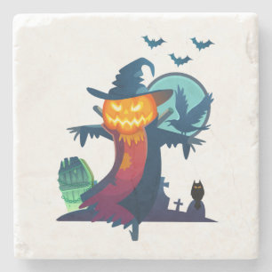 Halloween Haunted Scarecrow With Bats And A Crow Stone Coaster