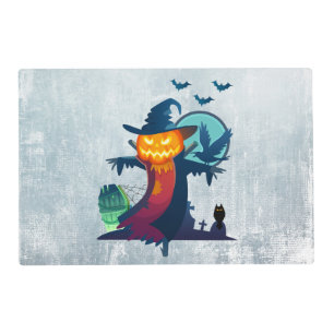 Halloween Haunted Scarecrow With Bats Crow And Owl Placemat