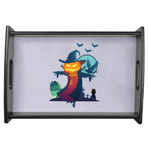 Halloween Haunted Scarecrow With Bats Crow And Owl Serving Tray