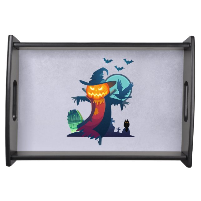 Halloween Haunted Scarecrow With Bats Crow And Owl Serving Tray (Front)