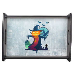 Halloween Haunted Scarecrow With Bats Crow And Owl Serving Tray