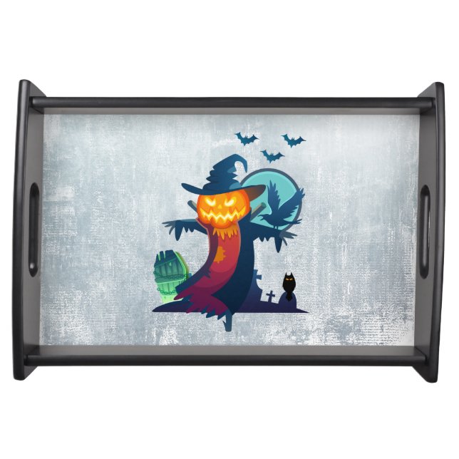 Halloween Haunted Scarecrow With Bats Crow And Owl Serving Tray (Front)