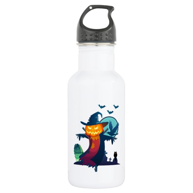 Halloween Haunted Scarecrow With Bats Crow And Owl Stainless Steel Water Bottle (Front)