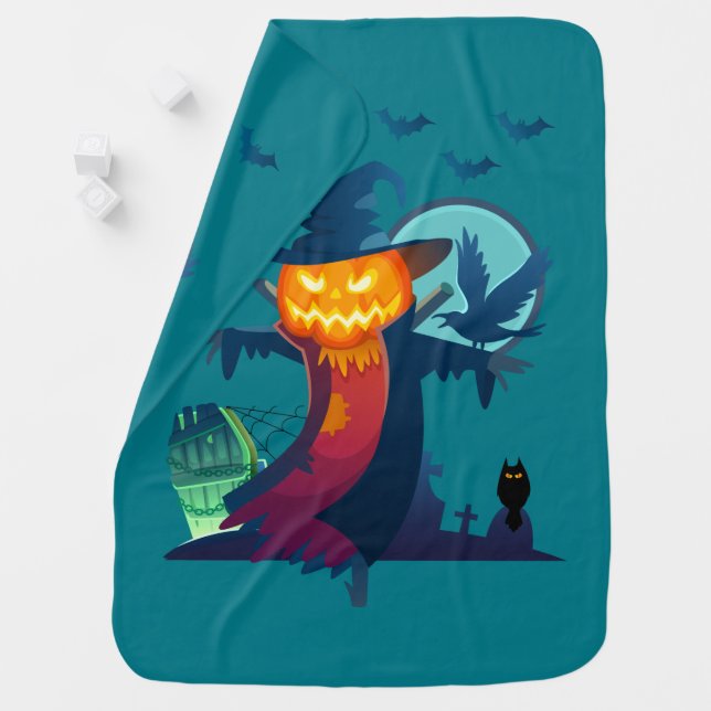 Halloween Haunted Scarecrow With Bats Crow And Owl Stroller Blanket (In Situ)