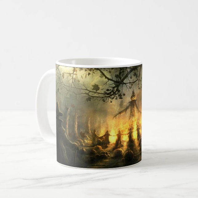 Halloween Haunted Spooky Creepy Scarecrow meeting Coffee Mug (Front Left)