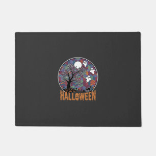 Halloween Haunted Tree Ghosts and Black Cat Doormat
