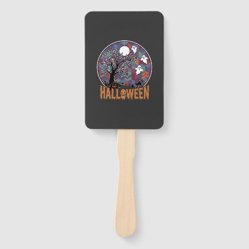 Halloween Haunted Tree Ghosts and Black Cat Hand Fan