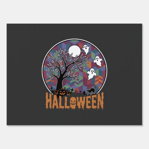 Halloween Haunted Tree Ghosts and Black Cat Sign