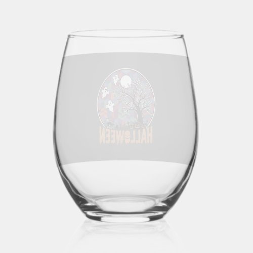 Halloween Haunted Tree Ghosts and Black Cat Stemless Wine Glass