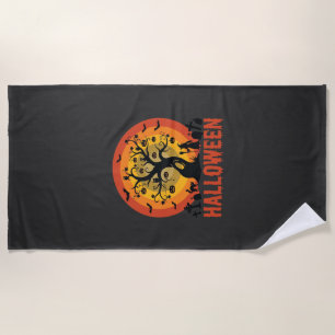 Halloween Haunted Tree Witch and Black Cats Beach Towel