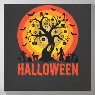 Halloween Haunted Tree Witch and Black Cats Canvas Photo Tile