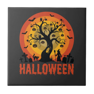 Halloween Haunted Tree Witch and Black Cats Ceramic Tile