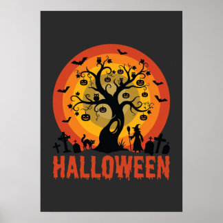 Halloween Haunted Tree Witch and Black Cats Poster