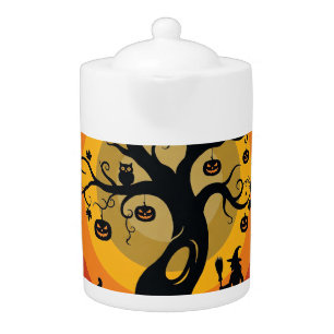 Halloween Haunted Tree Witch and Black Cats Teapot