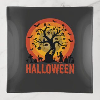 Halloween Haunted Tree Witch and Black Cats Trinket Tray